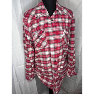 Matchstick Flannel Shirt Women’s L Plaid Red White 100% Cotton Classic Roll Tabs